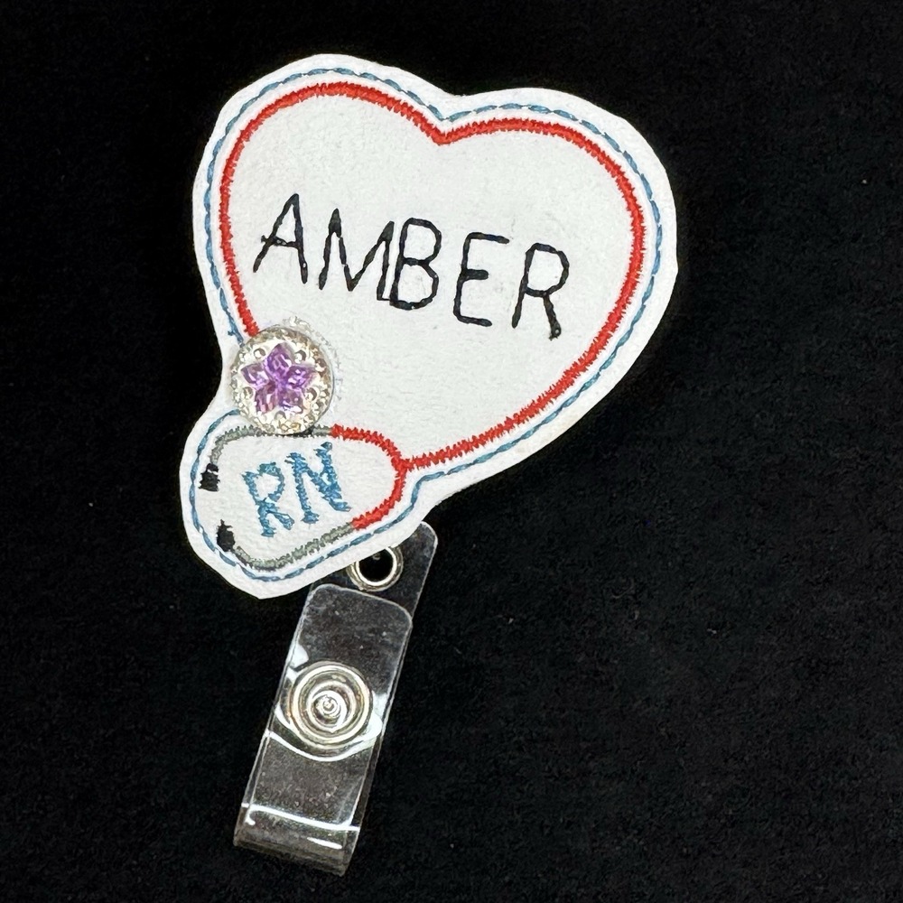 Nurse Stethoscope Retractable Id Badge Holder Clip "Amber" Embroidered